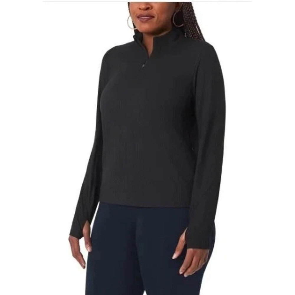 Mondetta Active Ribbed 1/2 Zip Top Women Ribbed Thumbholes, Black, Size XL, New